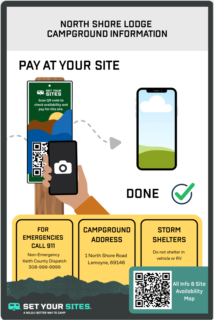 North Shore Lodge campground information sign — pay at your site, emergency contacts, address, storm shelter notice