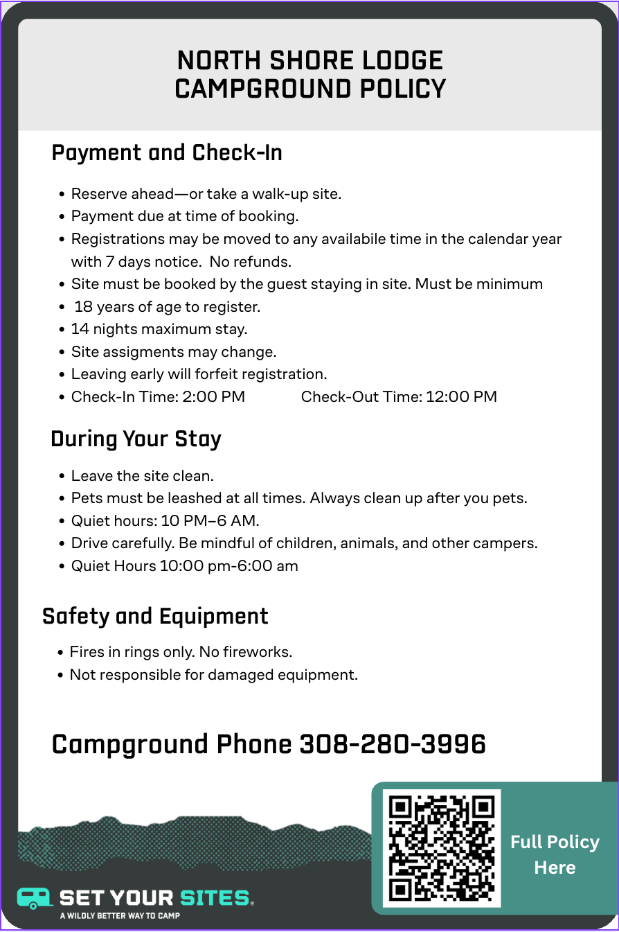 North Shore Lodge campground policy sign — payment, check-in, quiet hours, pets, fires